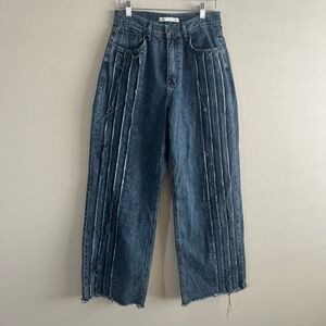 Matin Kim Wide Leg Jeans Frayed Seam Detail Dark Wash Raw Hem Size M